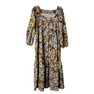 ANA blue grey orange boho floral 70s prairie maxi dress medium